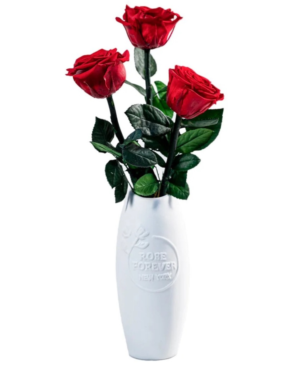 Long Fleur Rouge - 3 Long-stemmed Red Roses in a White Vase.